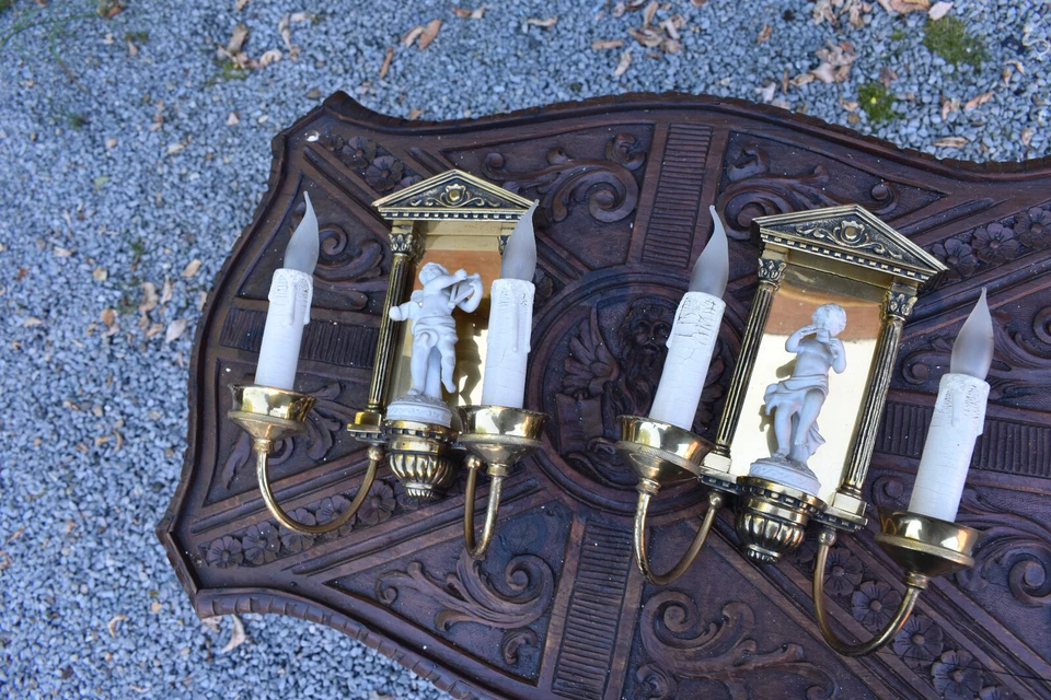 PAR de apliques de pared vintage francés bronce bisque porcelana putti estatuilla luces Foto 2 de 4