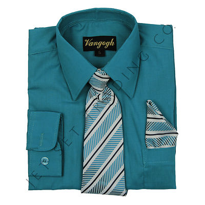Boys Turquoise Dress Shirt V2000 with Matching Tie Hankie Long