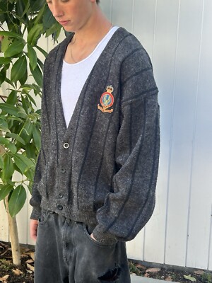 Vintage JED L Cardigan Crest Sweater Wool Blend Ribbed Charcoal Gray Rian Rucci