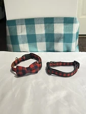 Small Puppy Collar Christmas Red And Black Plaid Bow Set 9-1/4” To 11-3/4”