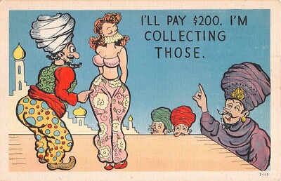 Arab Sheik Bidding on Sexy Harem Girl-Old Comic Linen Risque Postcard - C-113