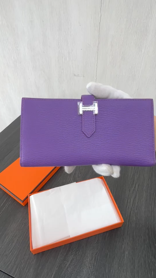 HERMES Bearn Soufflet Chevre Leather Long Wallet Parme Purple