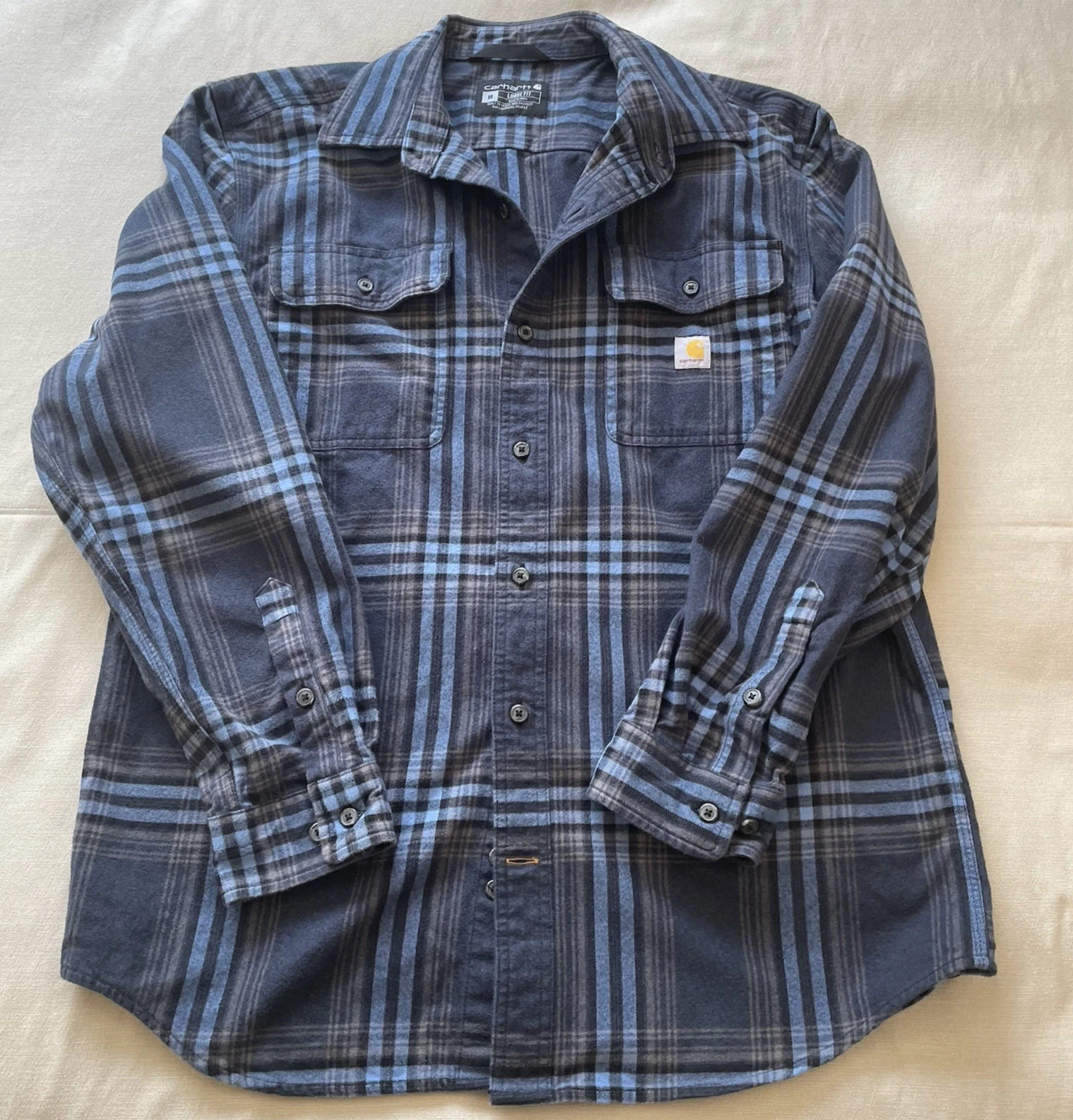 Carhartt Men’s Loose Fit Flannel Shirt M Blue Plaid Long Sleeve 100% Cotton Work