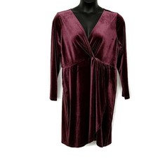 LOFT Dress Womens XL Burgundy Velvet Faux Wrap Knot Front Long Sleeve V-Neck