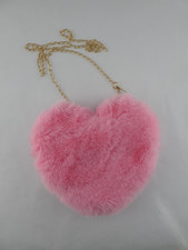 Pink Faux Fur Heart Purse Crossbody Bag Gold Chain Zipper Closure Valentines