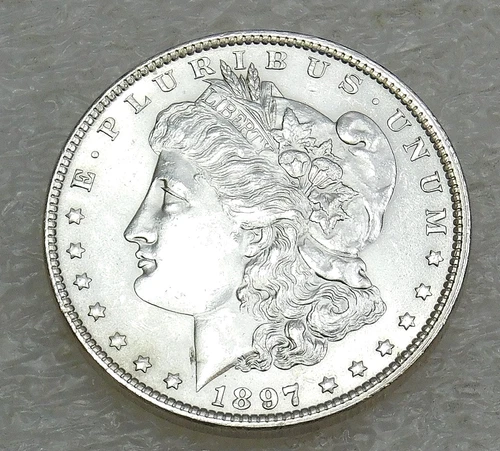 1897 P Morgan Silver Dollar BU Frosty White coin in saflip #E272