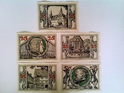 Banknoten, Notgeld, Stadt Arnstadt, 5x 25 Pfennig, 1921, Konvolut