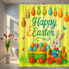 Happy Easter Bunny Shower Curtain with Colorful Eggs Design