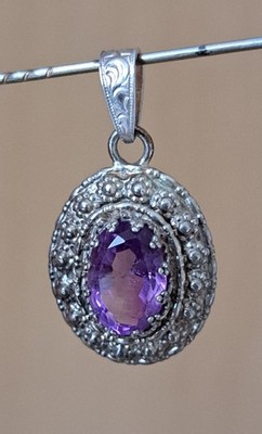 Vintage 925 Sterling Silver Amethyst Pendant Oval Purple Gem 6.33g