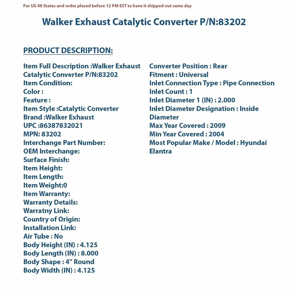 Каталитический преобразователь выхлопной системы Walker 83202 | высококачественная автозапчасть, универсальный крой - Изображение 4 из 4