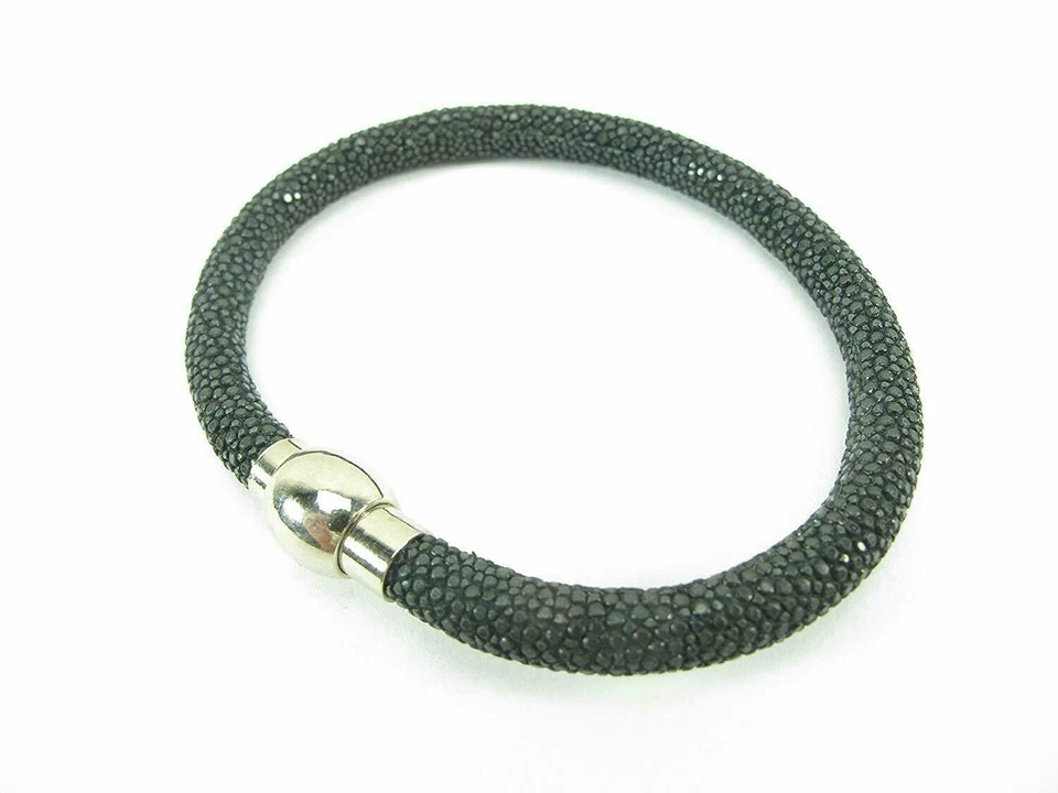 Brazalete Brazalete Piel Raya Pulida Genuina Bloqueo Magnético NEGRO Foto 2 de 4