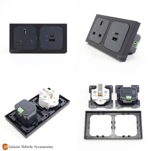 C-Line 12v USB-C USB-A & Mains 240v 13a Socket Matt Black Frame Campervan Boat - Picture 2 of 7