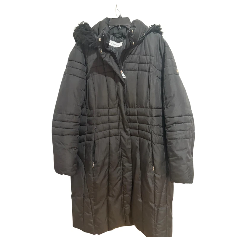 Abrigo acolchado negro para mujer Calvin Klein con capucha ribete de piel sintética 2XL Foto 3 de 4