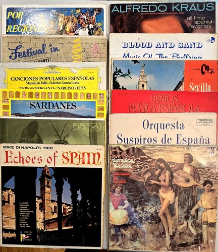 Traditional Spanish Music Collection: 12 Vinyl Records Featuring Folk and More.