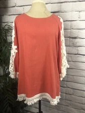 Multiples Pink Womens Sz M Flared Lace Sleeve Floral Fringe Hem Boat Neck Blouse