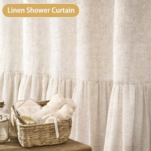 Linen Farmhouse Shower Curtain with a Ruffle Shower Curtain for Bathroom, Beige - Picture 6 of 12
