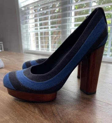 Tory Burch Joelle Platform Pump Womens Linen Patchwork Wood  Tory Burch Joelle Platform display picture 1