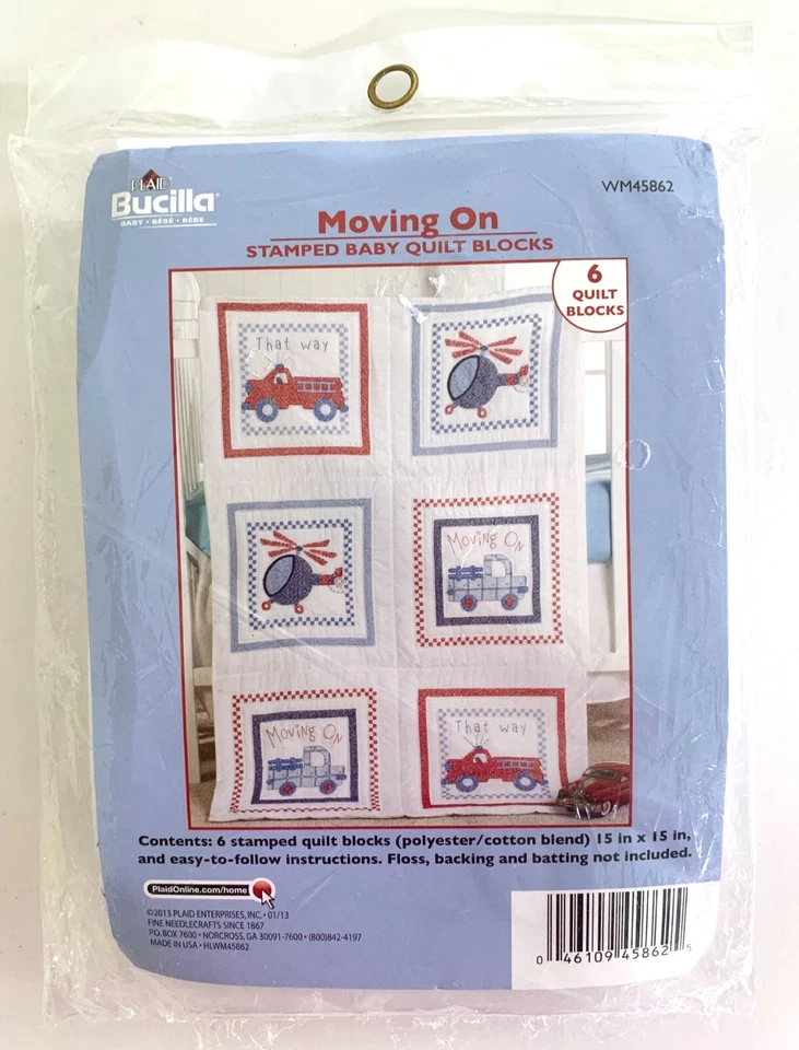 Bucilla Stamped Baby Quilt Blocks WM45862 MOVING ON 6 15" Blocks Transportation - Image 2 of 3