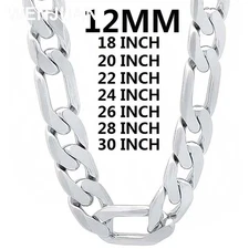 925 Sterling Silver Classic 12MM Cuban Chain Necklace Men Charm Fashion Jewelry
