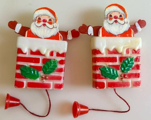 2 Vintage SANTA Pull String Pop Up  Chimney Plastic XMAS PINS BROOCH