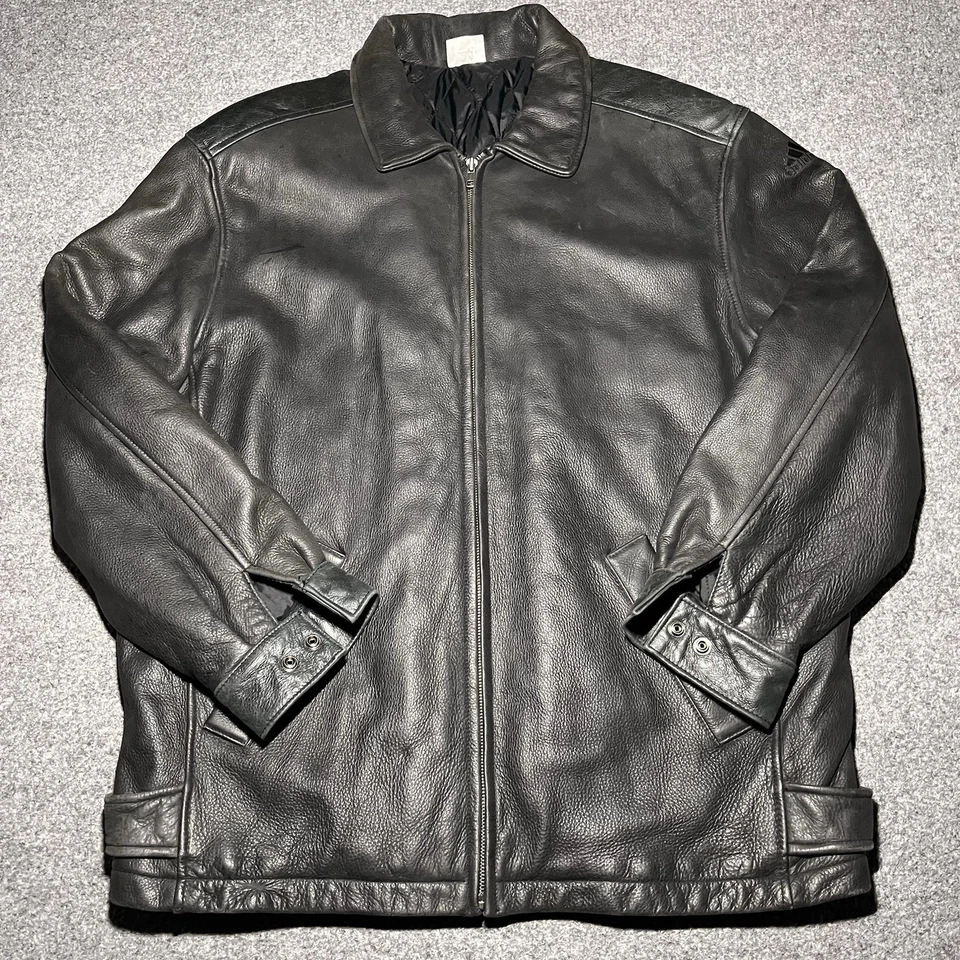 Vintage Adidas Leather Jacket Mens XL ￼Bomber Black Biker Quilt Lined 90s - Image 2 of 4