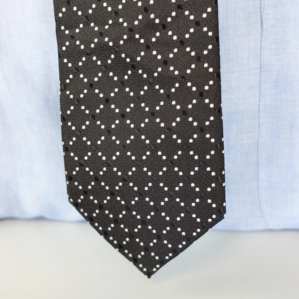 ATELIER 365 Neck Tie Mens Black Simple Polka Dot Silk Micro Repeat Skinny Modern - Image 2 of 4