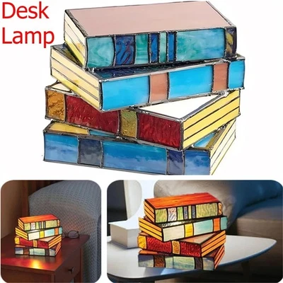 E-AUTOTECH Stained Glass Stacked Books Lamp Tiffany Style Table Lamp Book Lamps Home Decor
