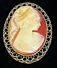 Vintage Shell Cameo Brooch Large Antique Gold Plated High Flowing Hair EUC