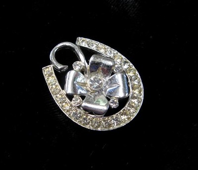 VINTAGE Silver Tone LUCKY Horseshoe Four Leaf CLOVER Little Rhinestone Pin