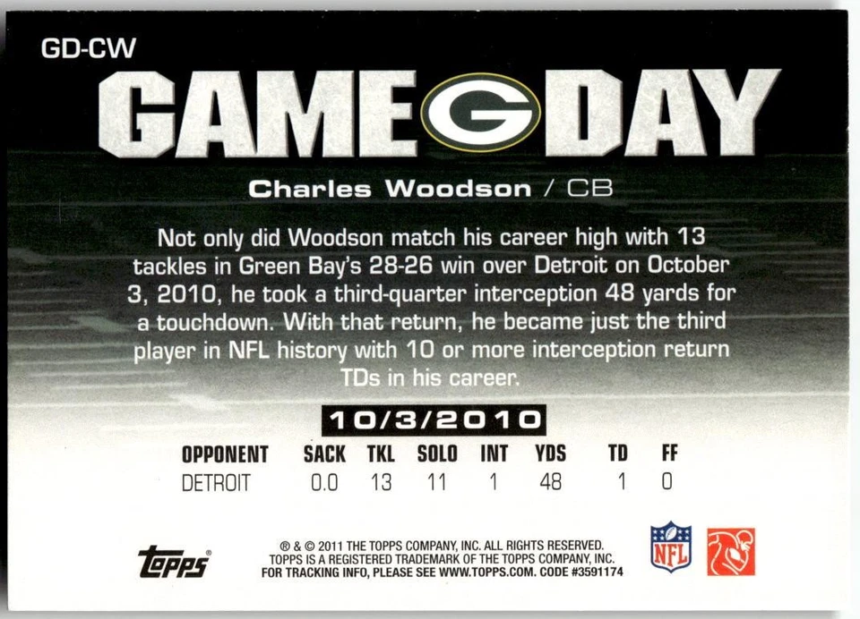 2011 Topps #GD-CW Charles Woodson Game Day - Image 2 of 2