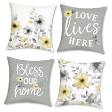 Watercolor Floral Throw Pillow Covers, Grey Yellow Flowers Modern Farmhouse