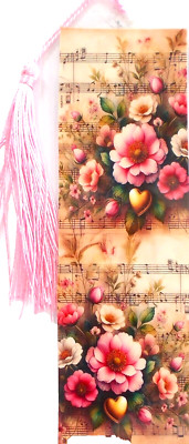 VINTAGE LOOK LOVE MUSIC NOTES , PINK FLOWERS -UNIQUE LAMINATED BOOKMAKE