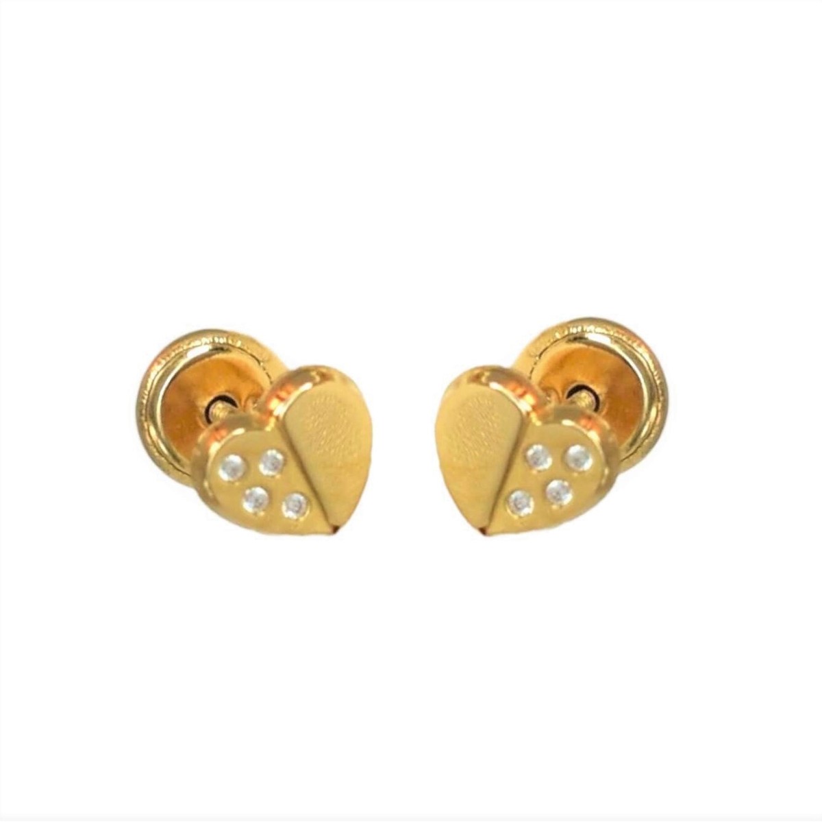 14K Solid Yellow Gold Heart Earrings, CZ Screw Back Stud Earrings