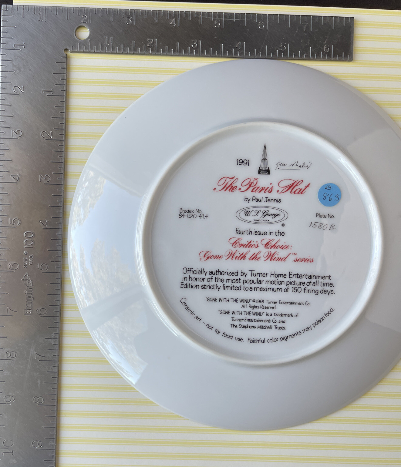 1991 SIGNED Paul Jennis “The Paris Hat” Gone w/ Wind W.J. George Plate (NO COA)