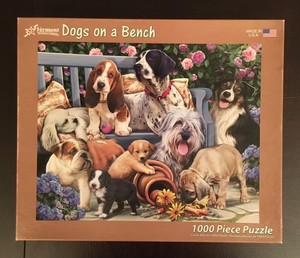VERMONT CHRISTMAS COMPANY PUZZLE “DOGS ON A BENCH” 1000 PIECES COMPLETE 