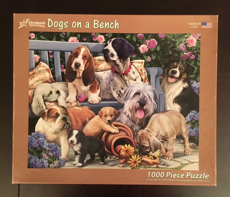 VERMONT CHRISTMAS COMPANY PUZZLE “DOGS ON A BENCH” 1000 PIECES COMPLETE 