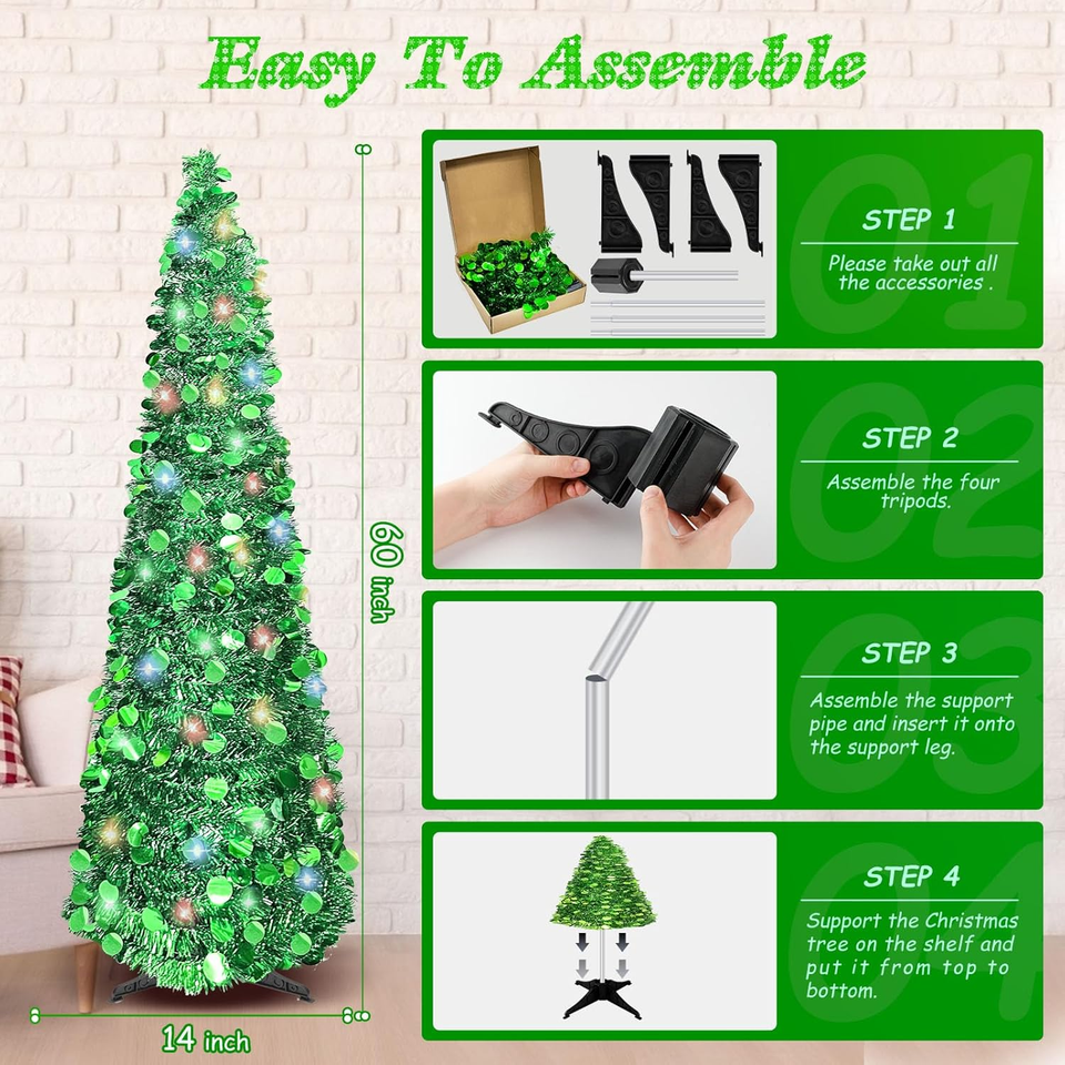 5 FT Pencil Christmas Tree, Collapsible Artificial Sequin Pop up