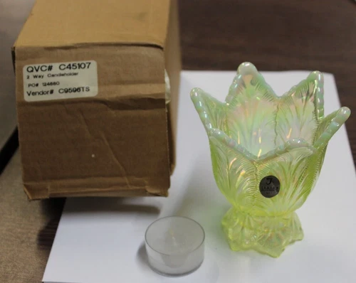 RARE Fenton Vaseline Glass Opalescent Two Way Tulip Candle Holder 4 1/4"