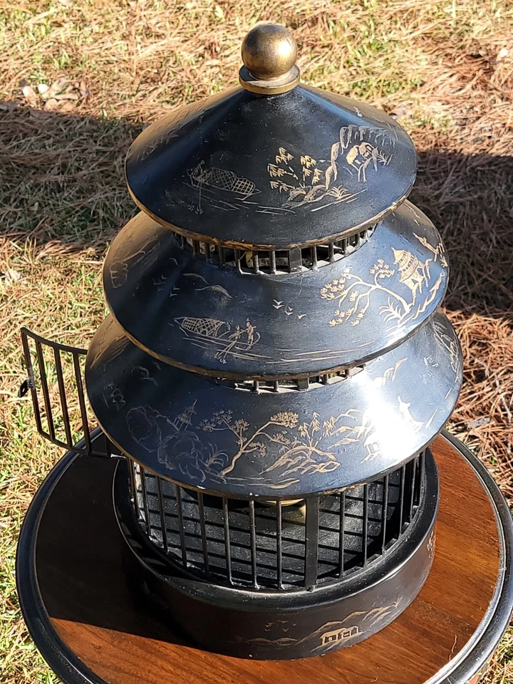 Vintage 22" BRONZE Chinoiserie French Gilt TOLE BIRDCAGE 3-tier Pagoda Exc Cond - Image 4 of 4