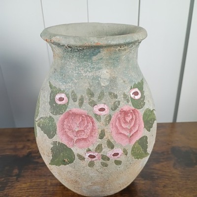 Distressed Shabby 7  Painted Floral Clay Pottery Vase Urn