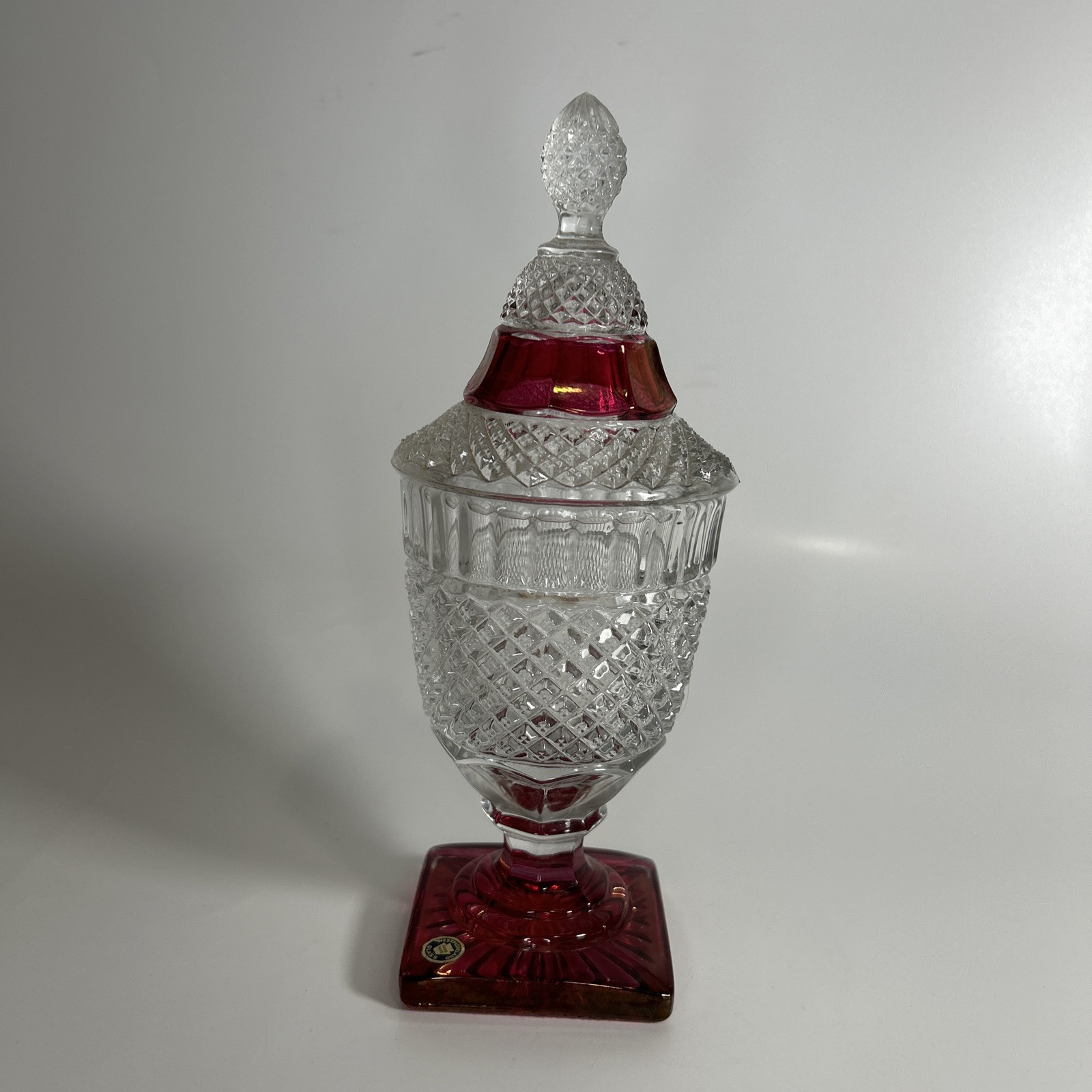 Westmorland Covered Candy Dish Cranberry Clear Glass 8 1/2 Tall Vintage