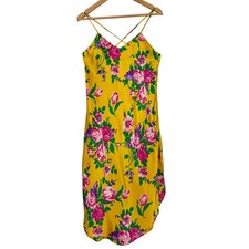 Vintage 90s Satin Yellow & Pink Floral Midi Slip Dress — Size Medium