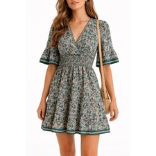 Max Studio Green Floral Smocked Waist Tiered Flutter Sleeve Mini Dress NWT Sze M