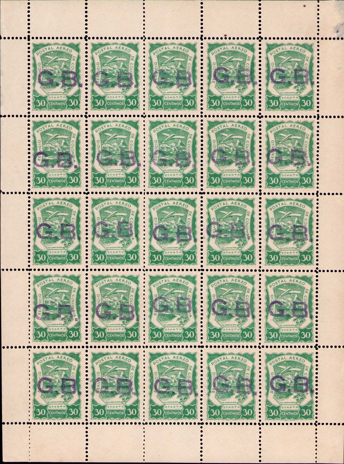 COLOMBIA - GREAT BRITAIN - SCADTA - CONSULAR 30c SHEET - Sc CLGB5 - 1921 RRR