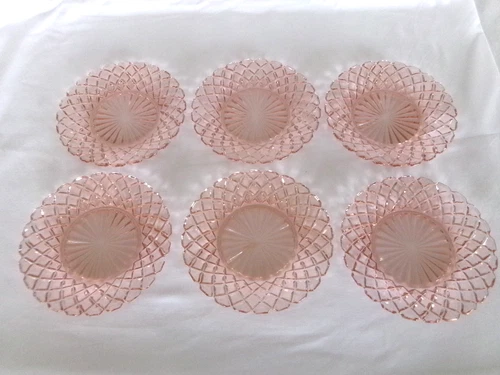 6 HOCKING PINK WATERFORD (Waffle) 6" BREAD / DESSERT PLATES - Perfect!