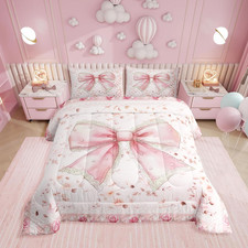 Cute Pink Bow Twin Comforter Set for Girls Kids,Pink Flower Rose Bedding Set Roo