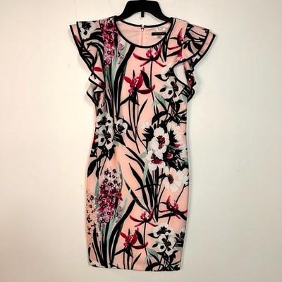 Tommy Hilfiger Scuba Dress Women 10 Peach Black Floral Ruffle Sleeve Sheath Boho