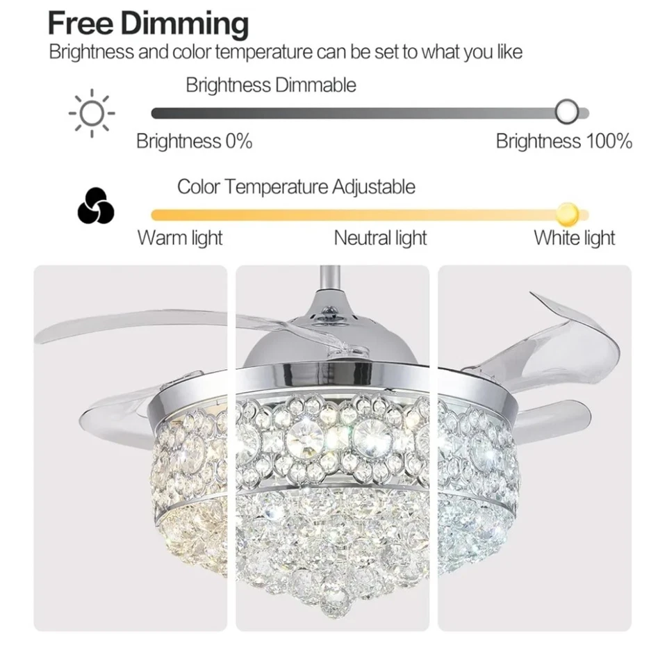 Modern Crystal Fandelier Ceiling Fan + LED Light Remote Noise-Free Chandelier - Image 2 of 4