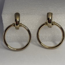 Vintage Gold Tone Large Dangle Hoop Clip On Earrings Door Knockers 80s Statement