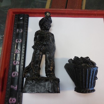 Hand Carved Coal Miner Figurine Statue & Scuttle -- MADE OF COAL